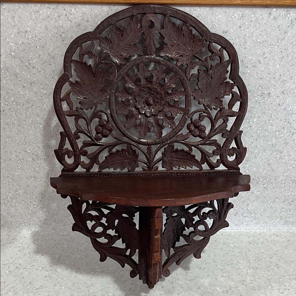 Vtg INDIA Hand Carved Wood Wooden Folding Shelf Intricate Leaf Design Leaves - Picture 1 of 14